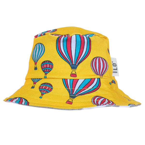 Organic jersey reversible bucket sunhat, print inspired by the Bristol Balloon Fiesta.